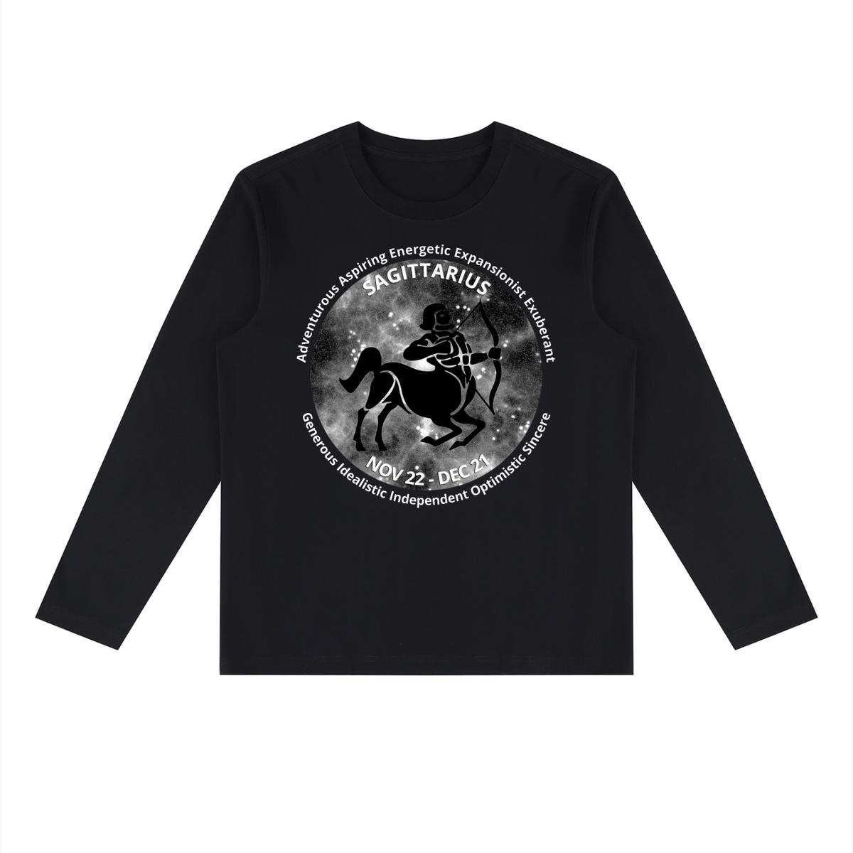 Sagittarius black long-sleeve zodiac tee with black-and-white artwork, front view