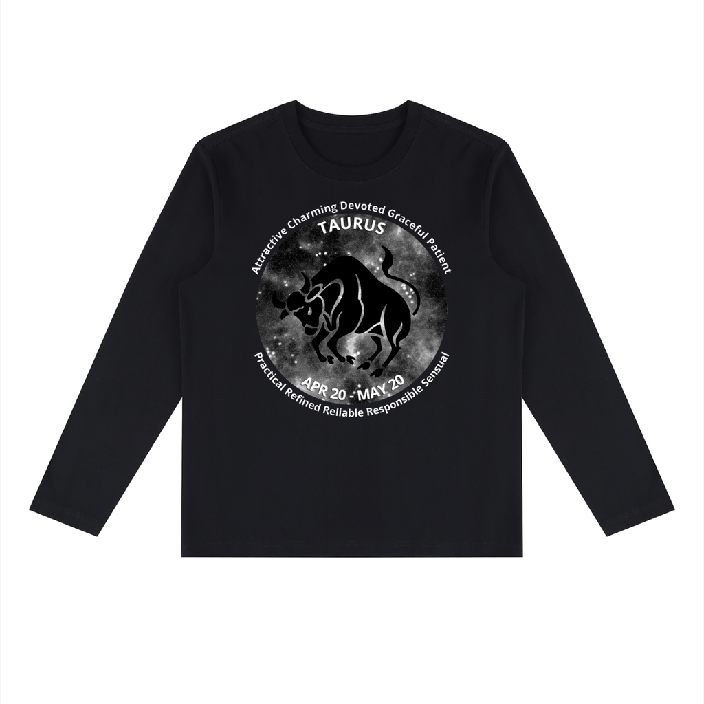 Taurus black long-sleeve zodiac tee with black-and-white artwork, front view