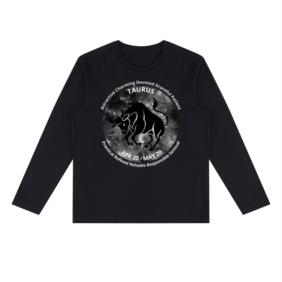 Taurus black long-sleeve zodiac tee with black-and-white artwork, front view