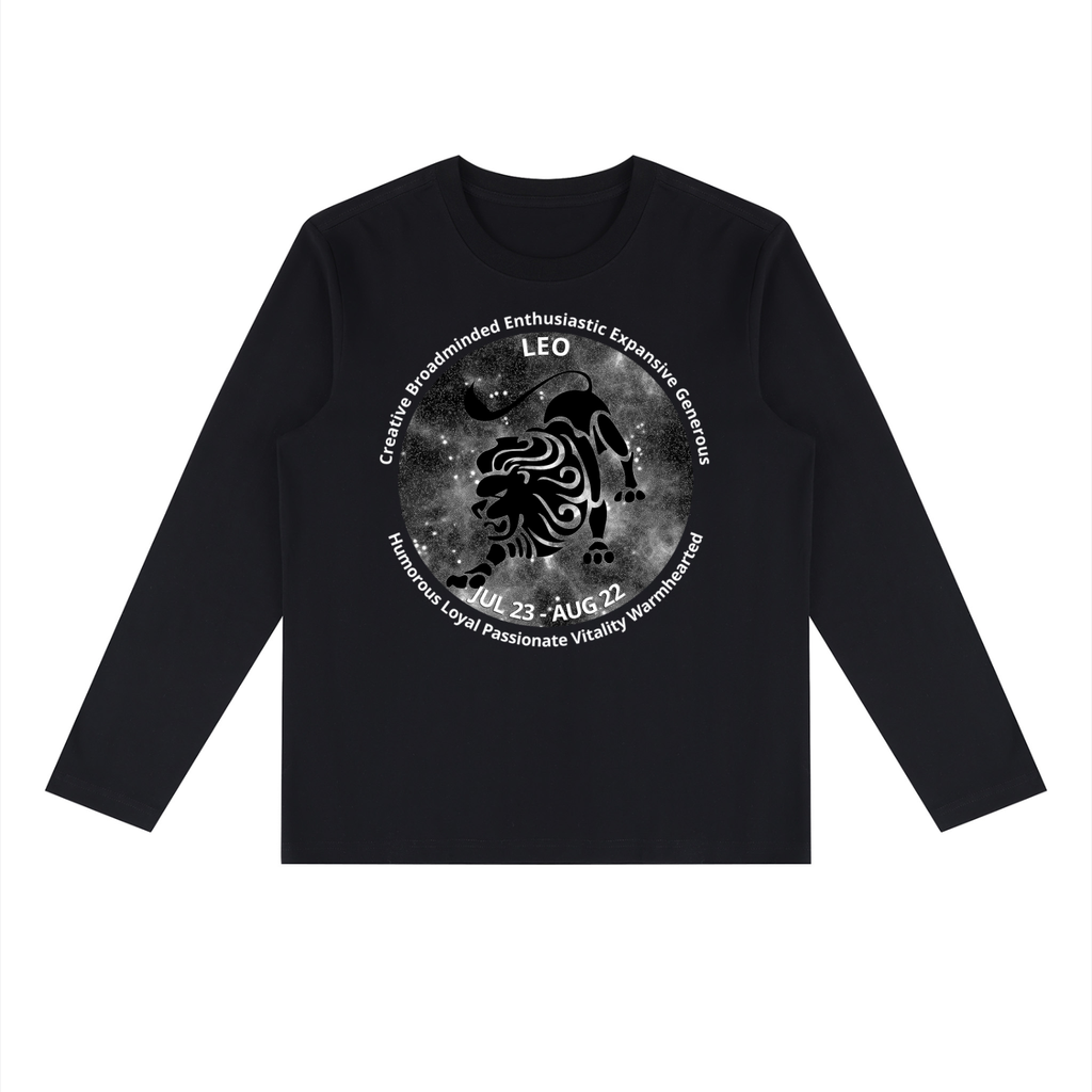 Leo black long-sleeve zodiac tee with black-and-white artwork, front view