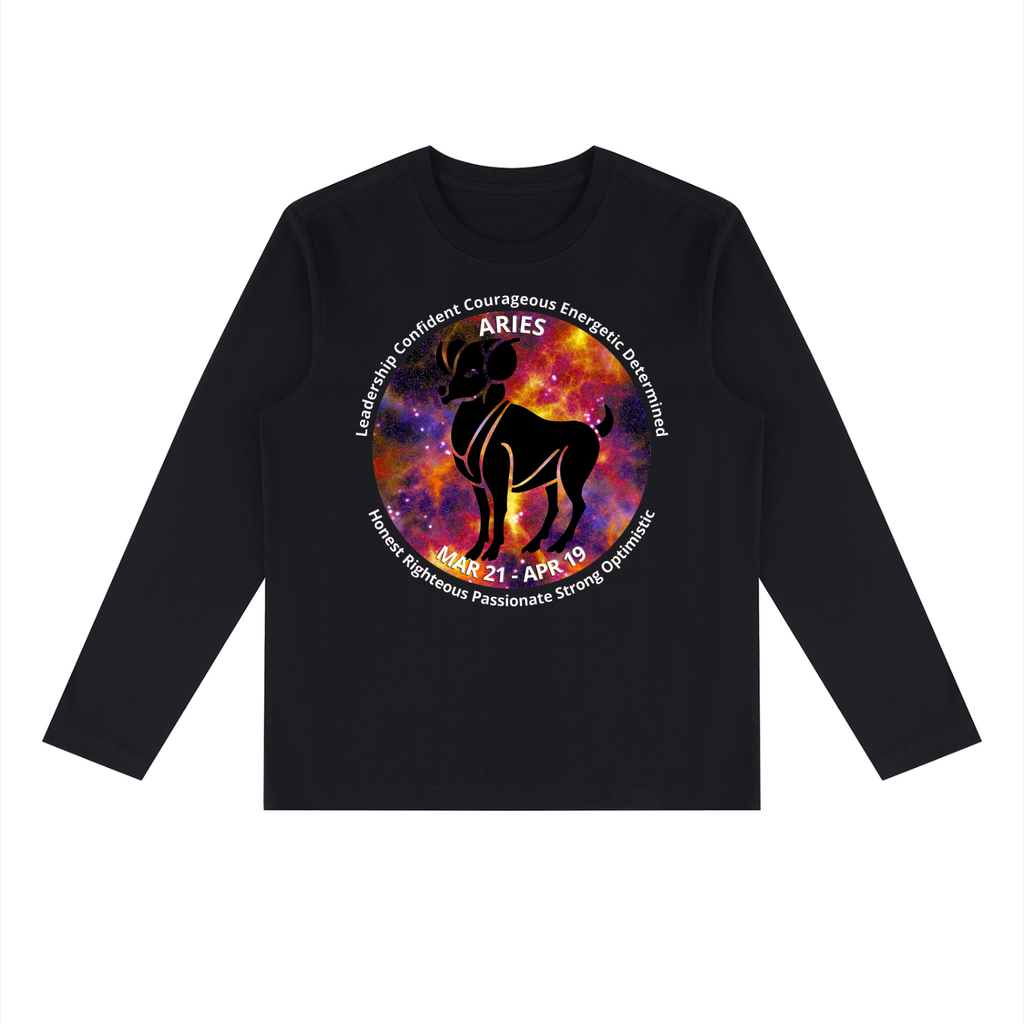 Aries black long-sleeve zodiac tee with color artwork, front view