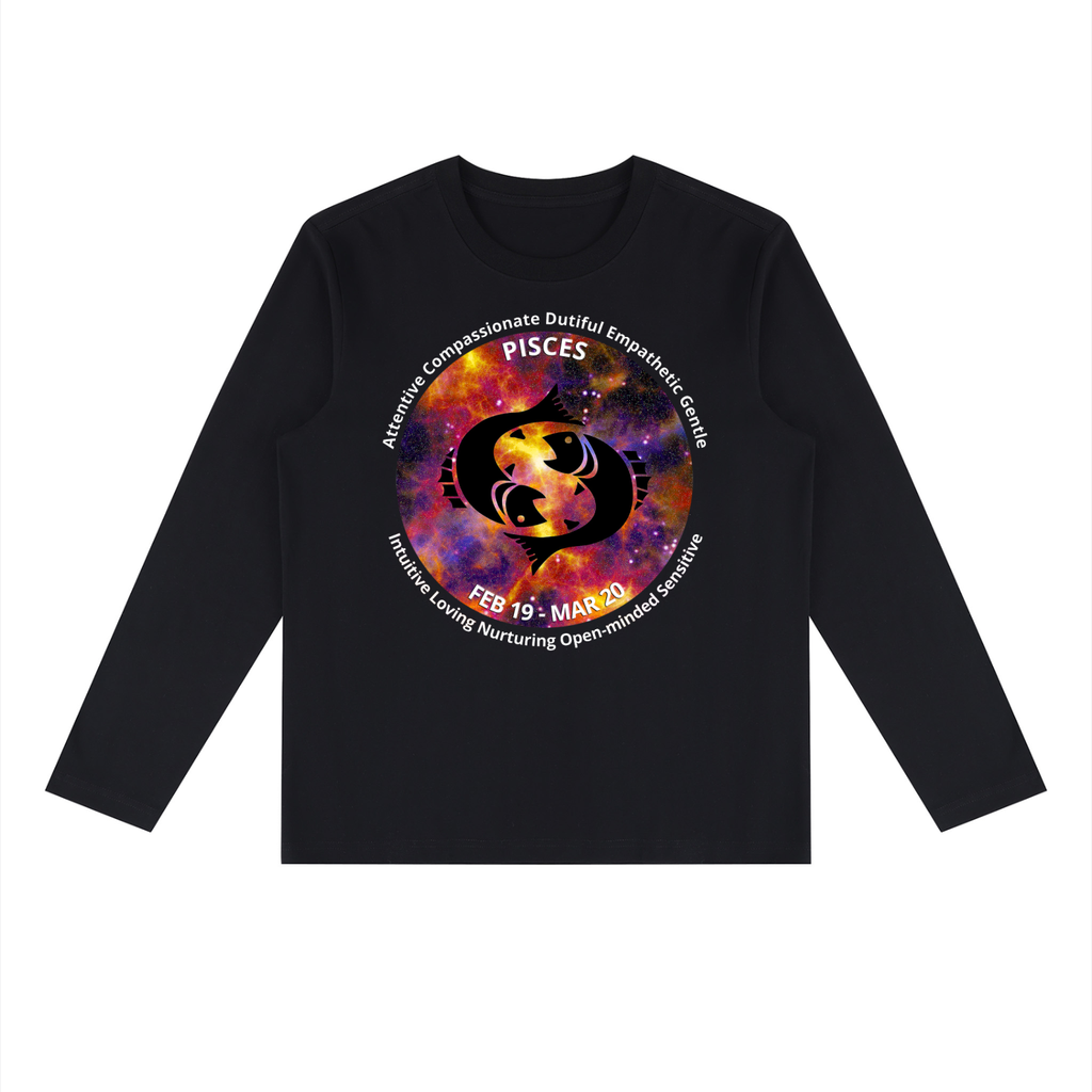 Pisces black long-sleeve zodiac tee with color artwork, front view