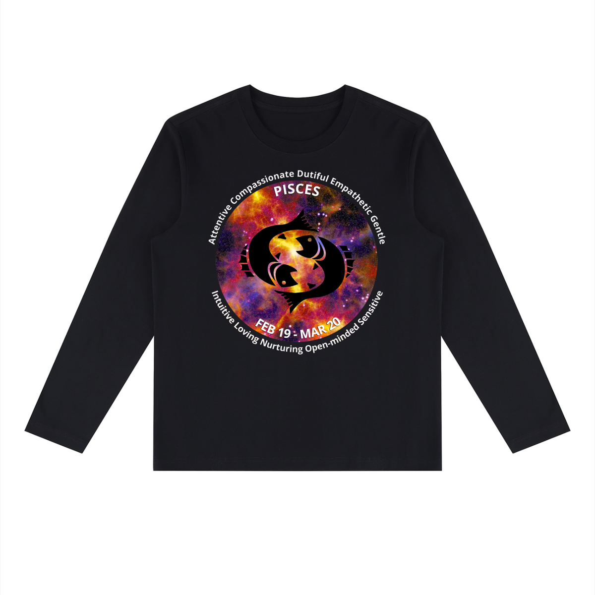 Pisces black long-sleeve zodiac tee with color artwork, front view