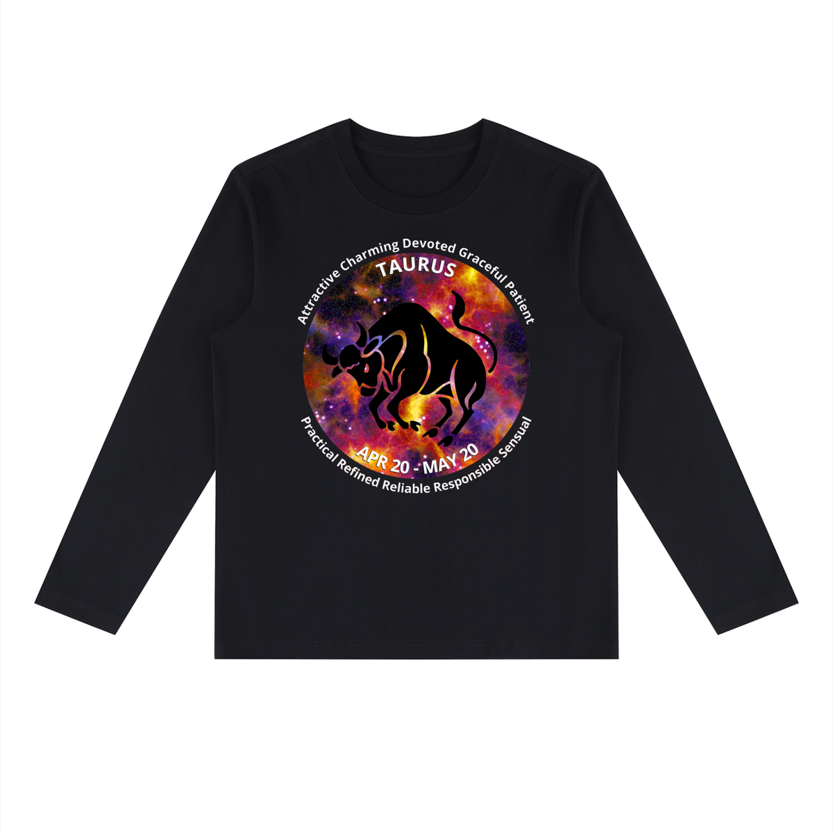 Taurus black long-sleeve zodiac tee with color artwork, front view