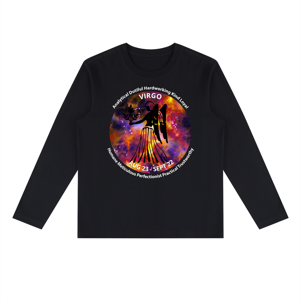 Virgo black long-sleeve zodiac tee with color artwork, front view
