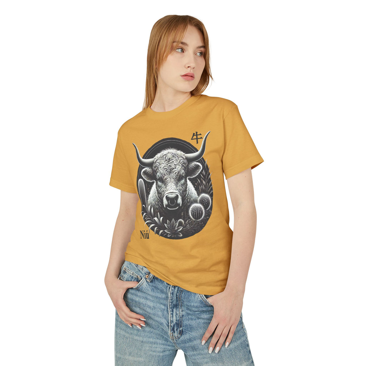 02 Buffalo/Ox — Illustrated Tee — Faded Mustard — English