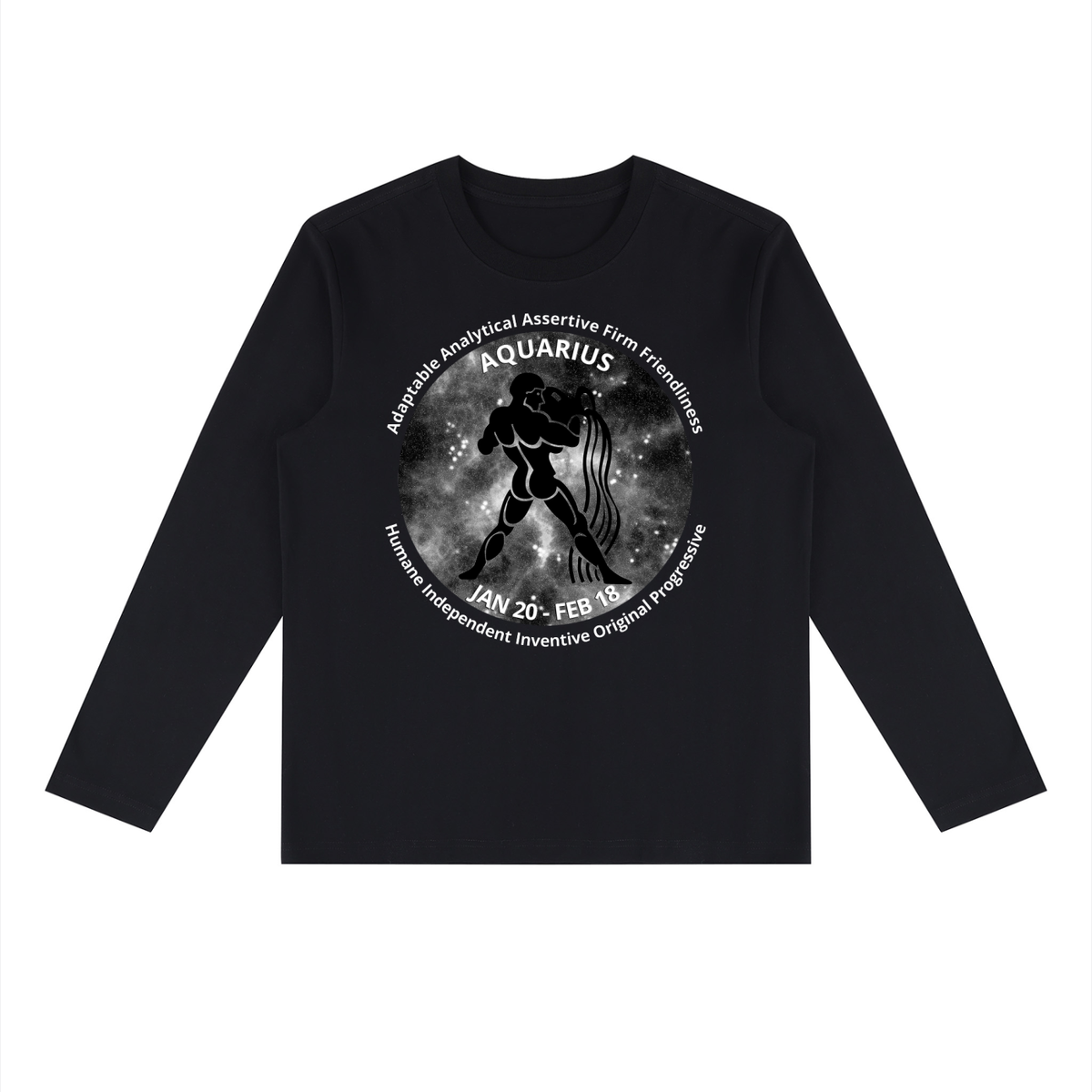 Aquarius black long-sleeve zodiac tee with black-and-white artwork, front view