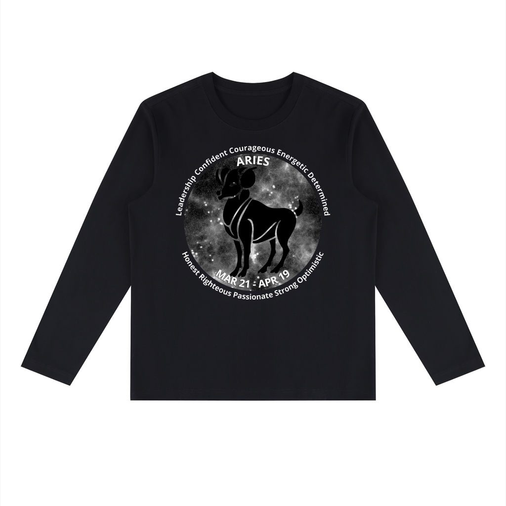Aries black long-sleeve zodiac tee with black-and-white artwork, front view
