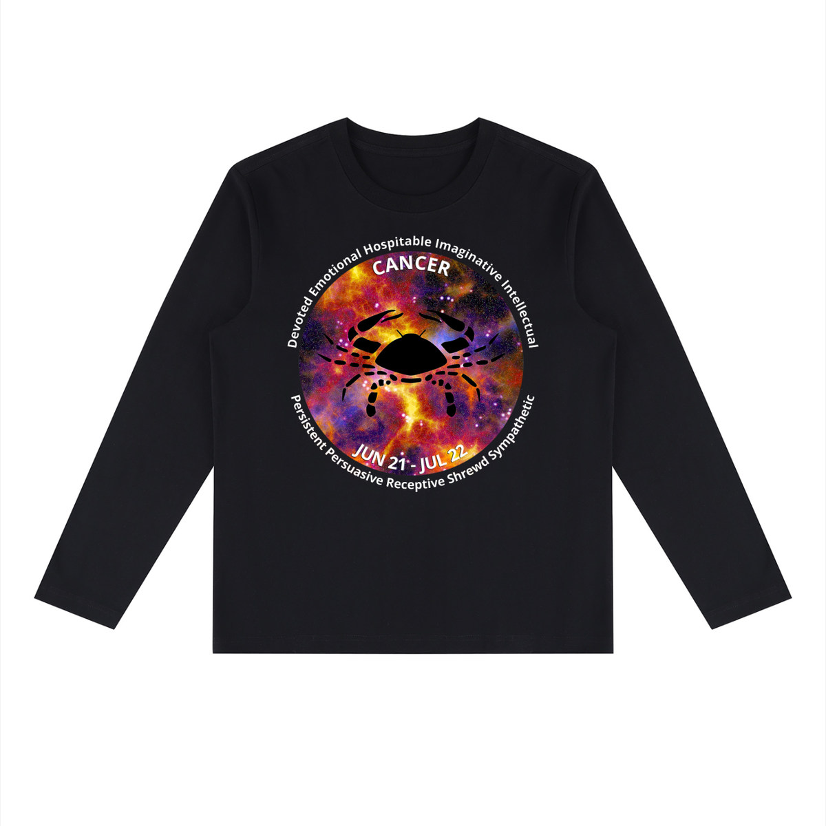 Cancer black long-sleeve zodiac tee with color artwork, front view