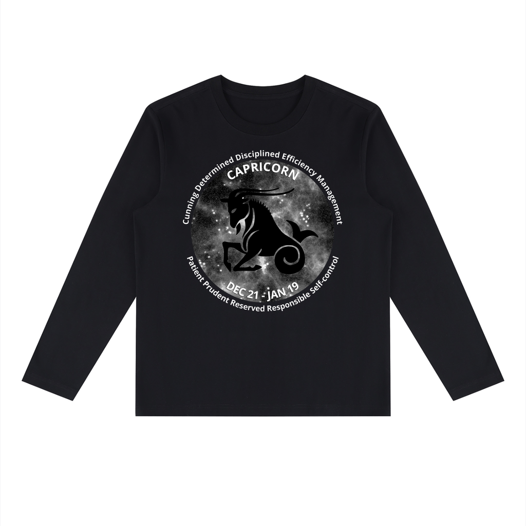 Capricorn black long-sleeve zodiac tee with black-and-white artwork, front view