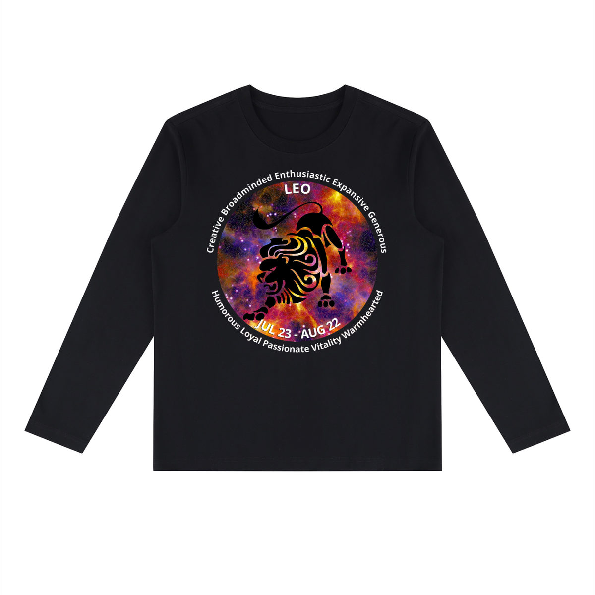 Leo black long-sleeve zodiac tee with color artwork, front view