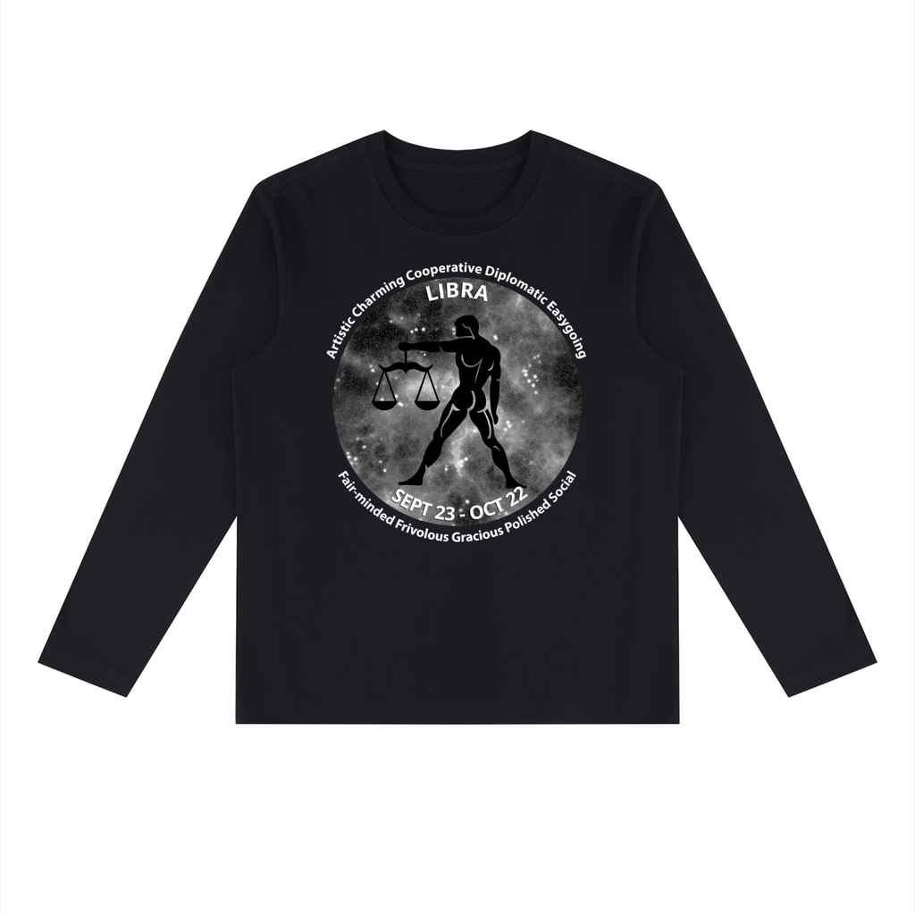 Libra black long-sleeve zodiac tee with black-and-white artwork, front view