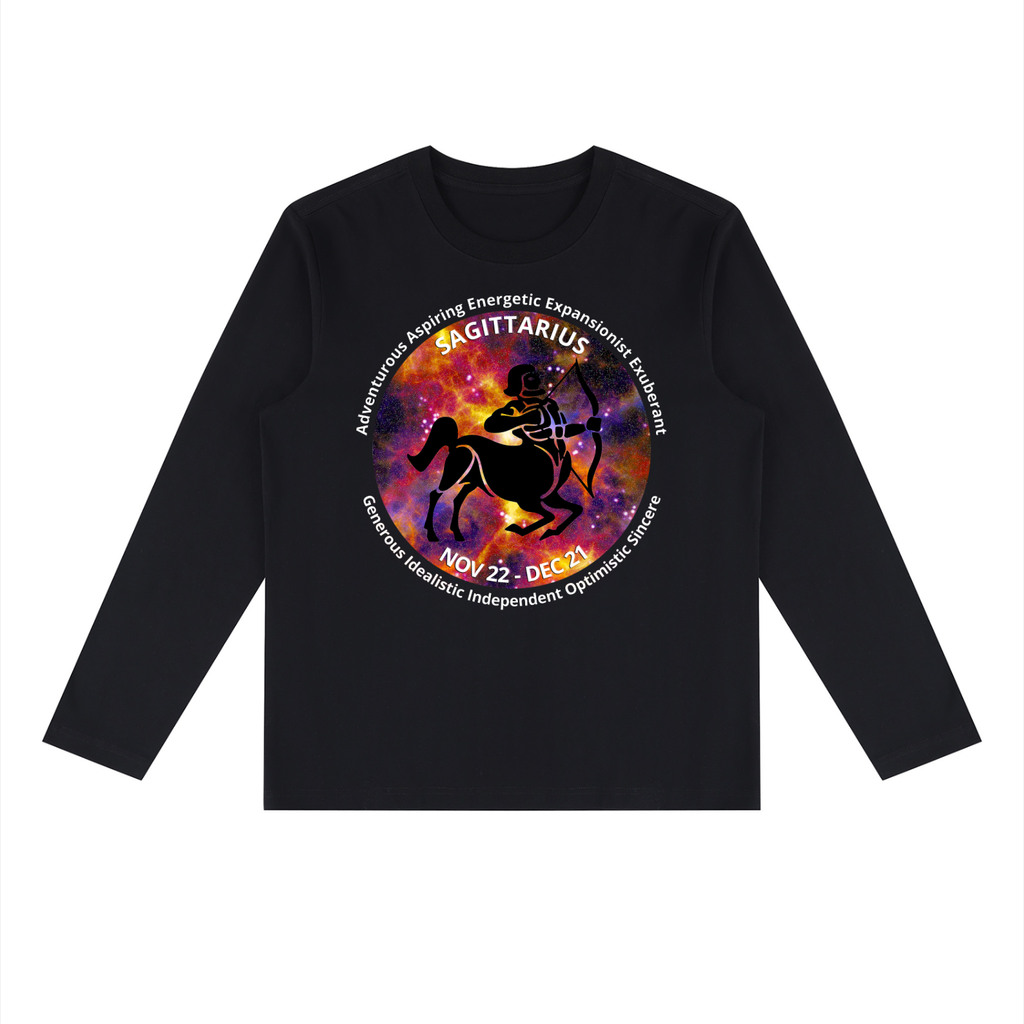 Sagittarius black long-sleeve zodiac tee with color artwork, front view