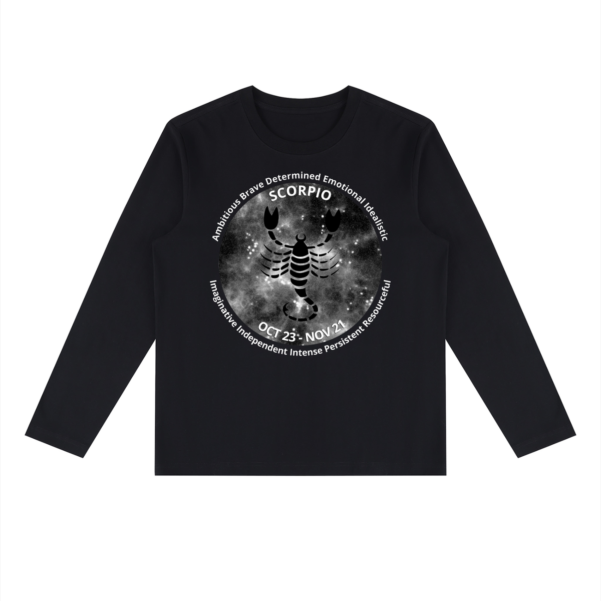 Scorpio black long-sleeve zodiac tee with black-and-white artwork, front view