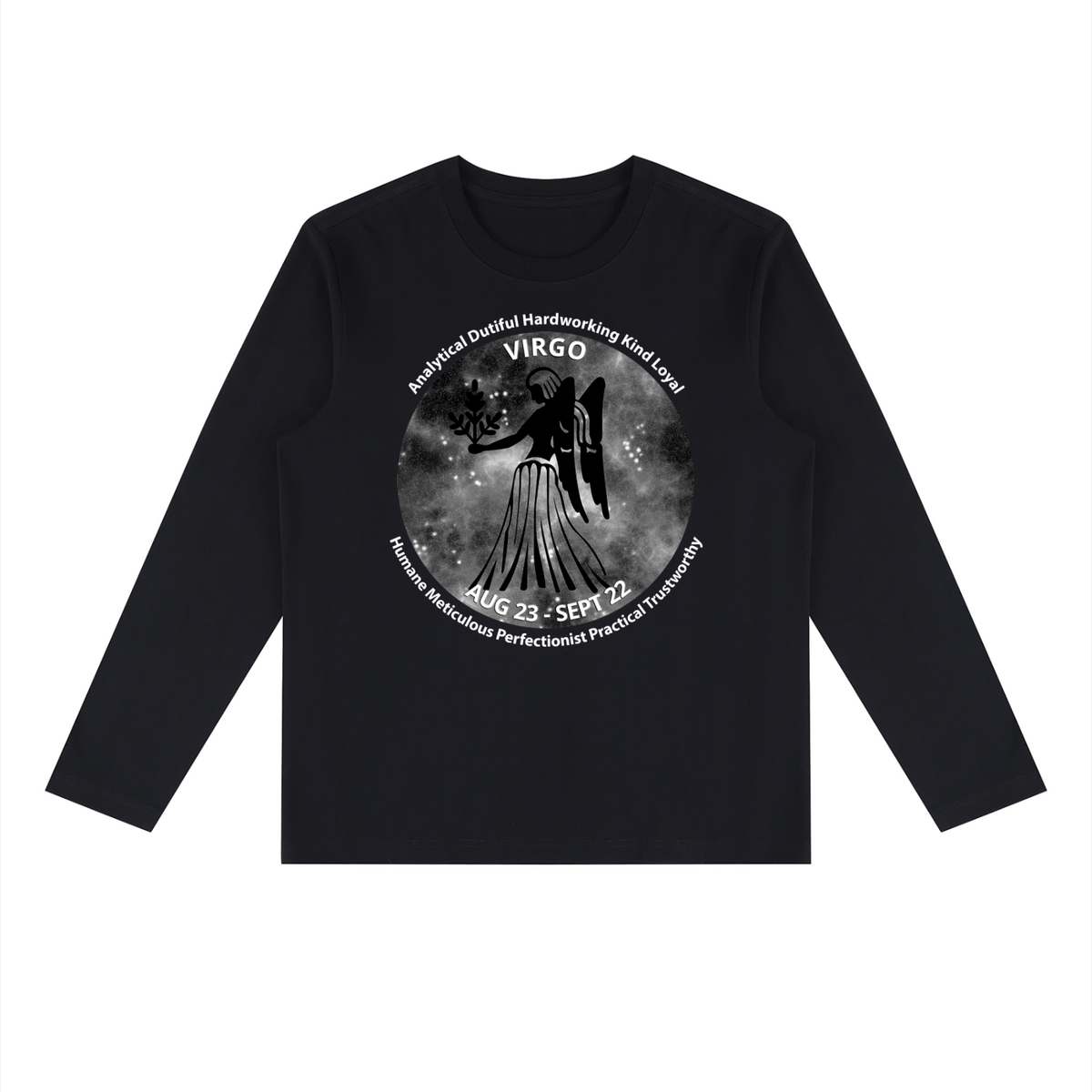 Virgo black long-sleeve zodiac tee with black-and-white artwork, front view