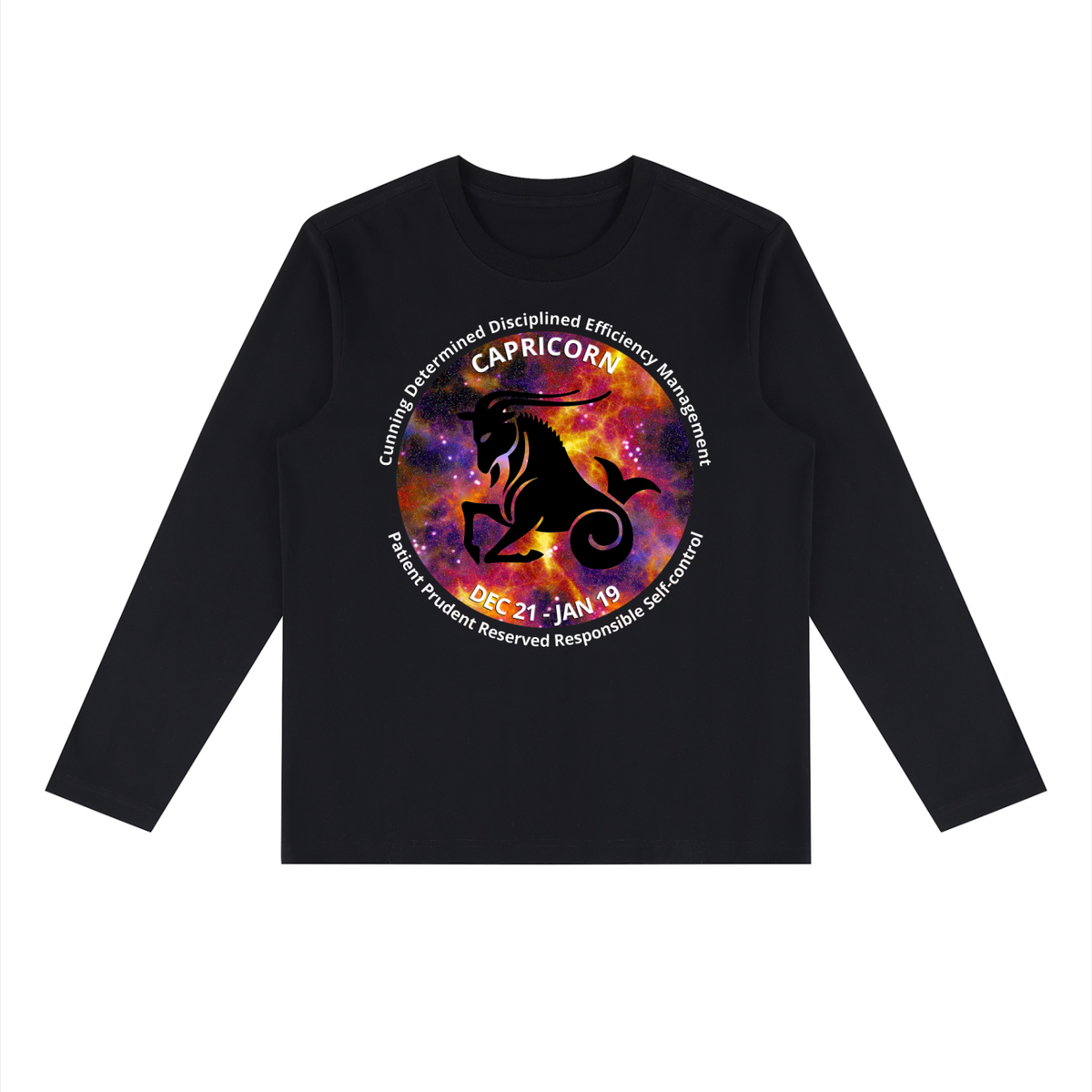 Capricorn black long-sleeve zodiac tee with color artwork, front view