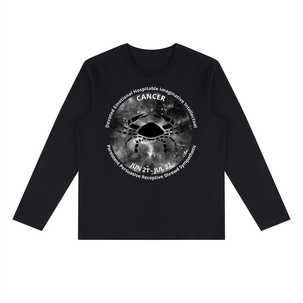Cancer black long-sleeve zodiac tee with black-and-white artwork, front view