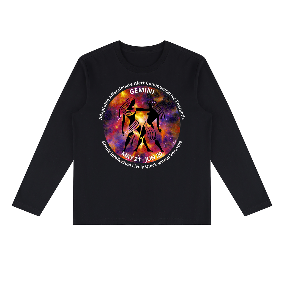 Gemini black long-sleeve zodiac tee with color artwork, front view