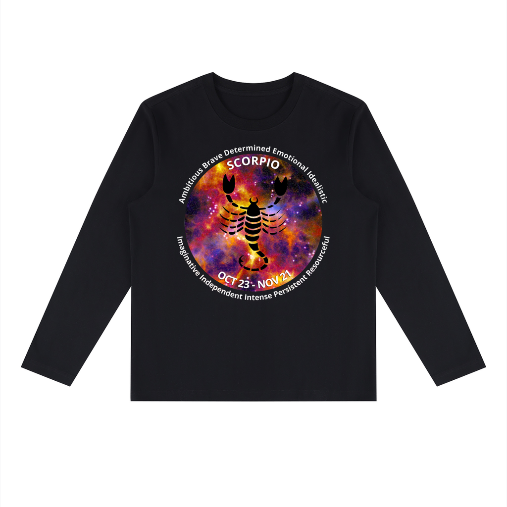 Scorpio black long-sleeve zodiac tee with color artwork, front view
