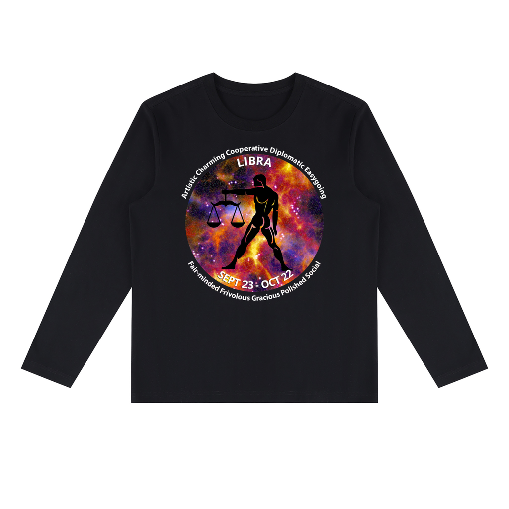 Libra black long-sleeve zodiac tee with color artwork, front view
